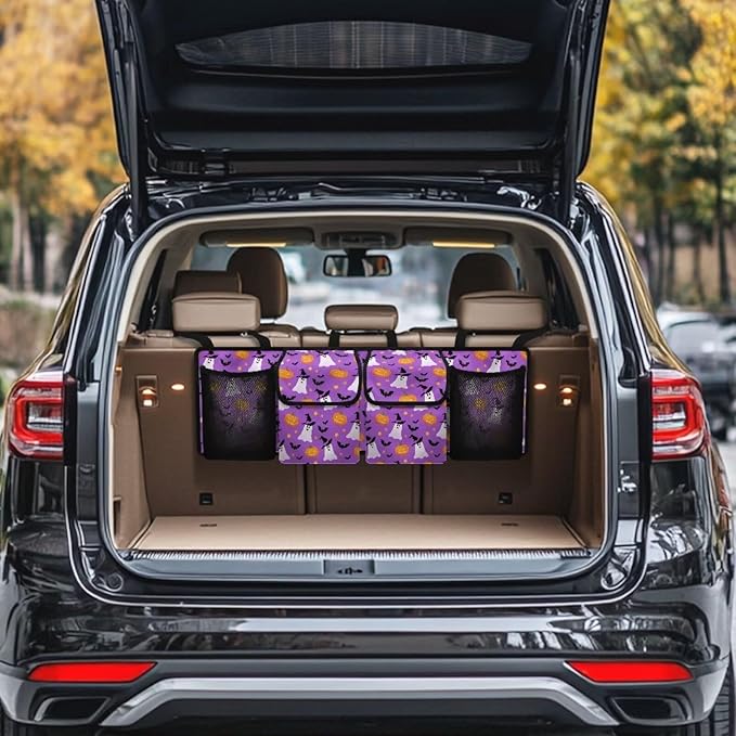 Purple Halloween Print Car Trunk Organizer Hanging Auto Back Seat Storage with 4 Pockets Car Interior Accessories for SUV MPV Hatchback Crossover Minivan Truck