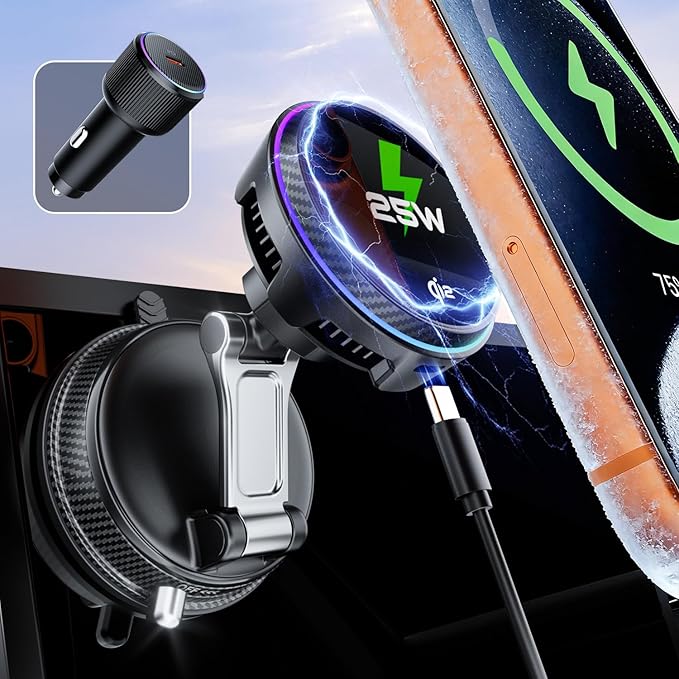 25W Certified for MagSafe Car Mount Charger with LED Light, Wireless Car Charger with TEC & Cooling Fan, 360°Rotation Strong Magnetic Phone Holder for Car with 45W Adapter for iPhone 17 Promax