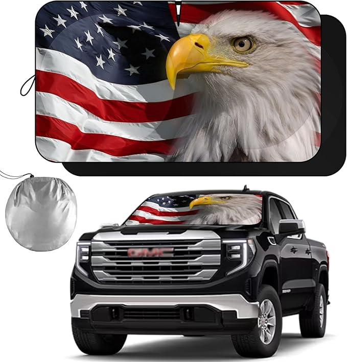 Windshield Sun Shade New American Eagle Flag USA Patriotic Design - Folding Car Front Window Sunshade for Cars SUV Trucks, Max UV Blocking and Keep The Vehicle Cool XL