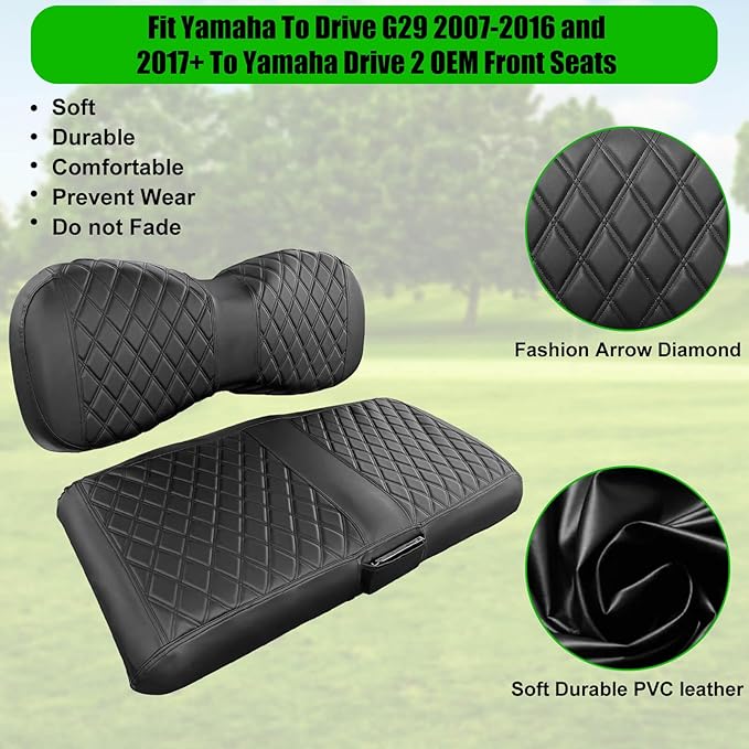 Golf Cart Seat Covers Compatible with Yamaha Drive G29 2007-2016 and 2017+ Drive 2 Carts, Made Thick Premium Marine Leather Custom Diamond Stripe Soft Comfortable/Anti-Scratch/Anti-Fading