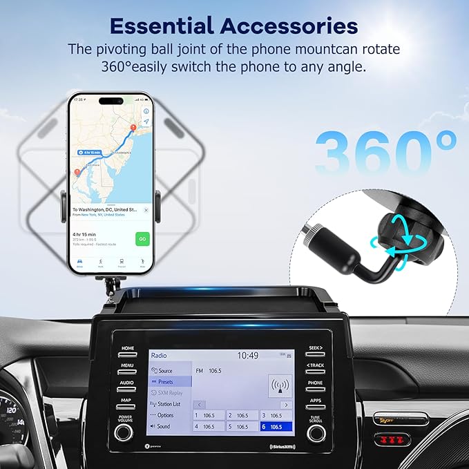 Car Phone Holder Fit for 2021-2024 Toyota Camry 7-inch Screen with Dashboard Organizer Cell Phone Mount Holders Fit for Camry Accessaries Fixed Clip Hands-Free &360°Rotation(Not Fit 9 inch)