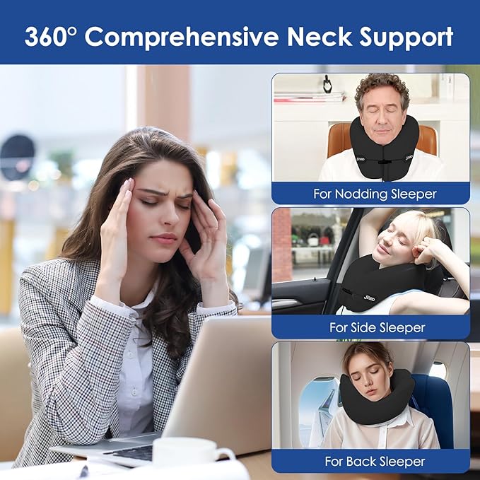 jiaao Travel Pillow Memory Foam Neck Support, Advanced Memory Foam Neck Pillow for Airplanes, Cars & Trains with Eye Mask, Earplugs & Storage Bag