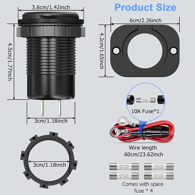 USB C Car Charger Socket 12V USB Outlet 2 Pack: Aluminum Metal 78W Dual PD 30W and 18W QC3.0 Port Multi Charger Outlet with LED Voltmeter Power Switch for RV Motorcycle Boat Marine