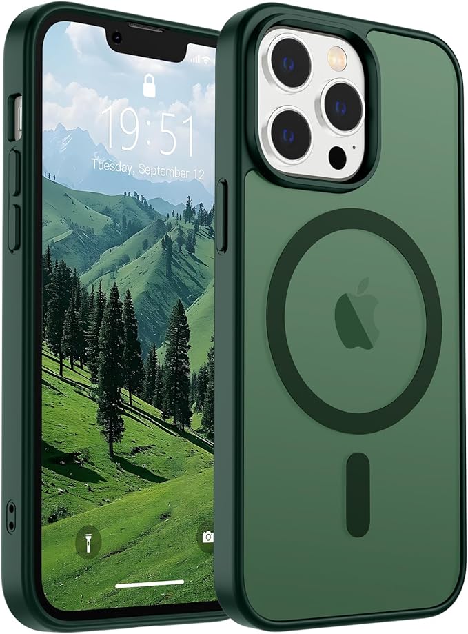 SUPFINE Magnetic for iPhone 12 Pro Max Case (Compatible with MagSafe) (Military Grade Drop Protection) Slim Translucent Matte Shockproof with Anti-Fingerprint Phone Case,Forest Green