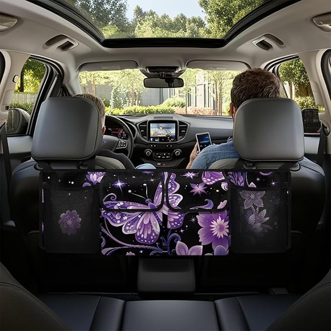 Hanging Car Trunk Organizer with 4 Pockets Purple Butterfly Auto Back Seat Storage Bag Auto Interior Accessories for Sedans SUV MPV Trucks Jeep Pickup
