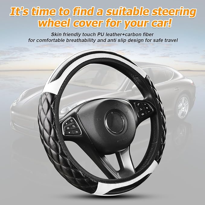 Carbon Fiber Car Steering Wheel Cover, Leather Breathable Non-Slip 14.5-15 Inch Vehicle Steering Wheel Protector, Auto Interior Protection Accessories, Universal for SUV Sedan Truck(White)
