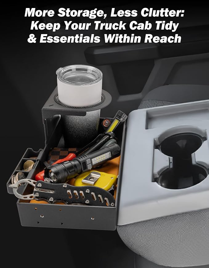JOYTUTUS Aluminum Car Front Center Seat Headrest Organizer Compatible With 2011-2026 F150 F250 F350 F450 F550 F650 Jump Seat Console, Truck Center Console Cup Holder Coin Organizer Storage Accessories