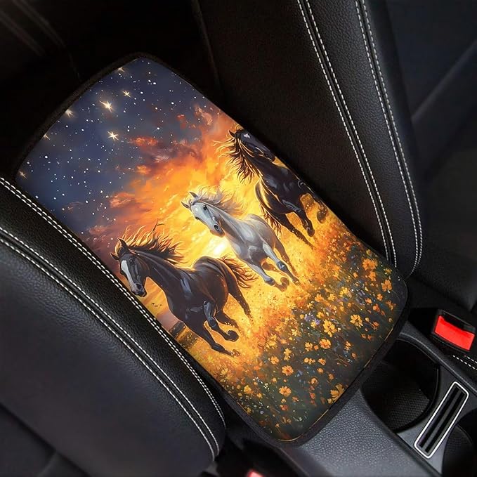 Floral Sunset Horse Truck Vehicle Armrest Covers Car Center Console Cushion Pad Middle Storage Organizer Pad Universal Style Car Interior Decor