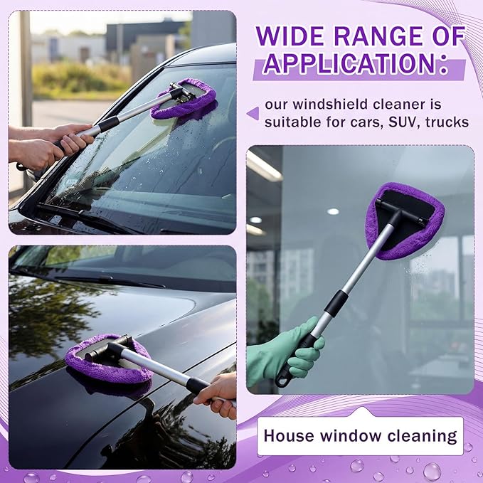 FoldTier 8 Pcs Car Windshield Cleaner Kits with Extendable Handle, 5 Microfiber Towel Pads, 1 Brush, 1 Empty Spray Bottle for Auto Glass Wiper Suvs Rvs & Home Windows(Purple)