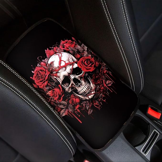 Dreaweet Skull Rose Auto Center Console Pad Car Armrest Seat Box Cover Protector Universal Fit for Most Cars Vehicles Halloween Car Accessories Decorations