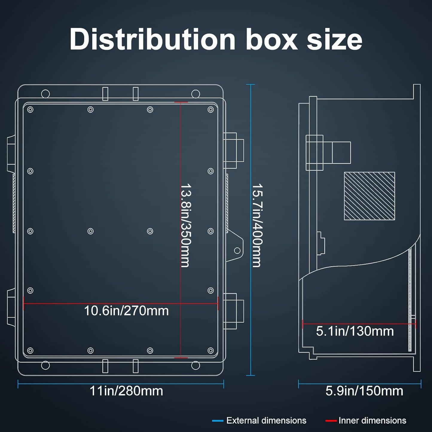 Outdoor Electrical Junction Box with High Power Outlet, 16" H* 12" L* 5.9" W, ABS Water Resistant Enclosure with Internal Mounting Panel & Hinged Cover.