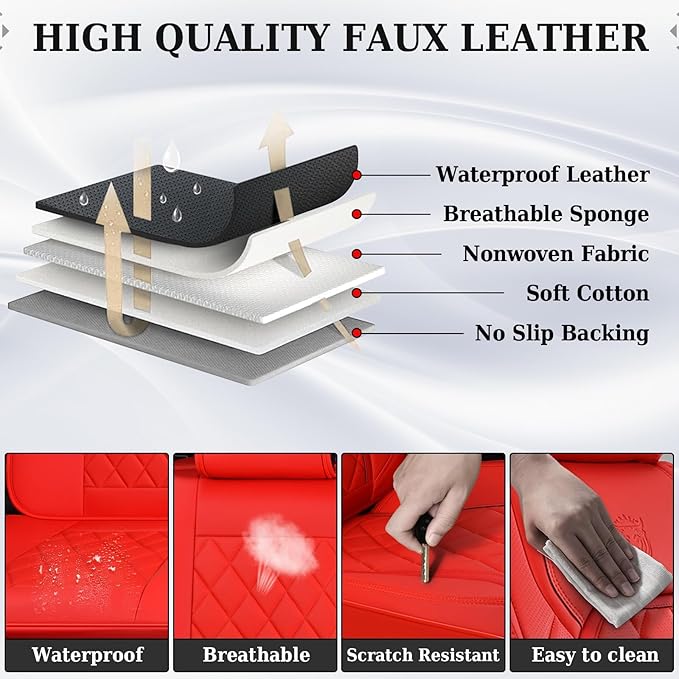 Coverado Car Seat Covers Full Set, 5 Seat Universal Seat Cover for Cars, Luxury Faux Leather Waterproof Seat Cover, Front and Back Car Seat Protector, Auto Seat Covers Fit for Most Vehicles, Red