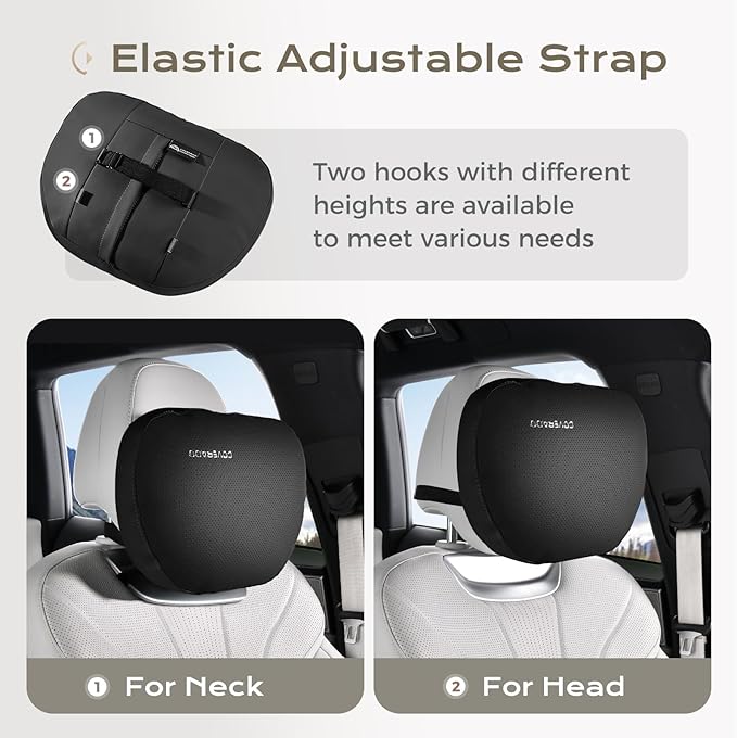 Coverado Leather Car Headrest Pillow Car Neck Pillow with Adjustable Strap, Head Support Rest Driver Relax Head Muscles Relieve Driving Fatigue, Breathable & Removable Cover, Black