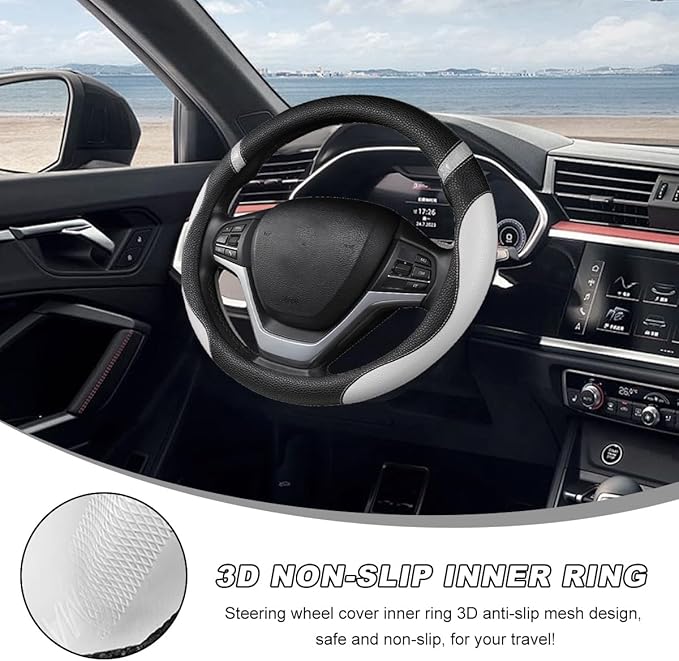 Car Steering Wheel Cover, 15 Inch Premium Leather Breathable Non-Slip Wheels Wrap, Universal Auto Comfortable Steering Wheel Protector for SUV Truck Van, Car Accessories (Gray)
