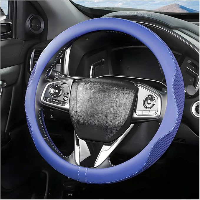 Car Steering Wheel Cover, Microfiber Breathable Ice Silk Leather Steering Wheel Cover Soft Anti-Slip Safety, 15inch Four Season Universal Fits for Most Truck,SUV,Cars (Blue)