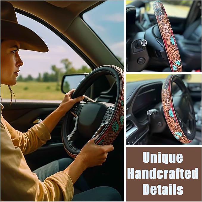Retro Western Cowboy Car Universal Steering Wheel Cover, Embossed Handcrafted Tooled Leather Western,Anti Slip, Auto Interiors Accessories,Breathable for Trucks SUVs Cars (E)