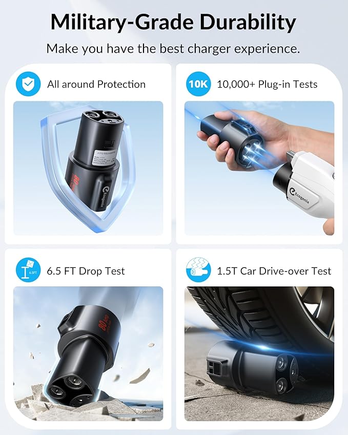Ecogenix J1772 to Tesla Charger Adapter, Max 80A/250V for Tesla Model Y 3 X S Cybertruck, Tesla Accessories, Connecting to SAE J1772 Charging Stations Fast & Safe Charging for Tesla only