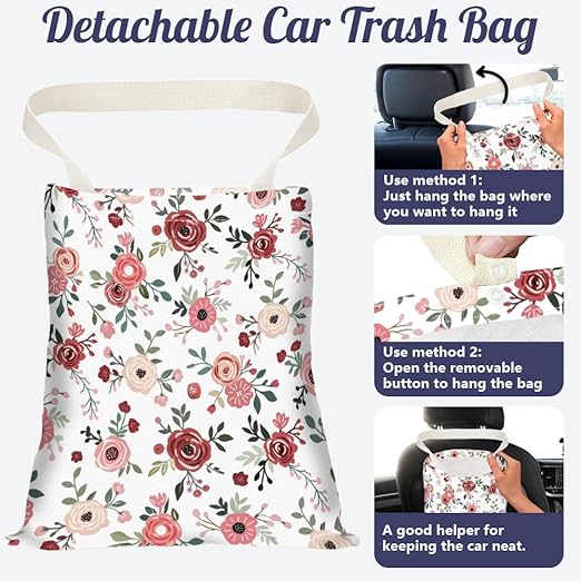 Rose Floral Print Car Trash Bag Hanging Garbage Bag with Snap Buttons Car-Back Seat Trash Storage Portable Dustbin for Car Interior Accessories Travel Camping