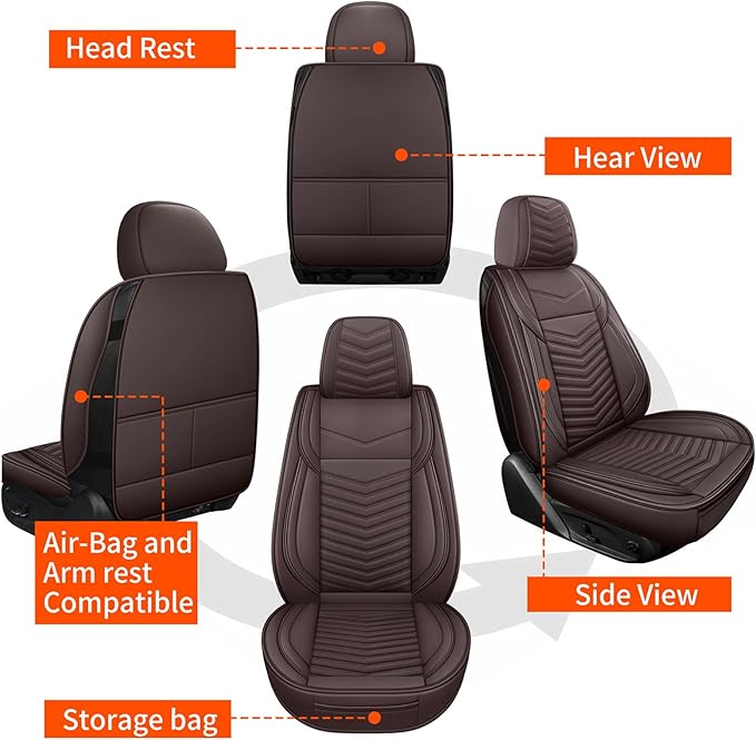 Nappa Leather Car Seat Covers Full Set, Brown Car seat Protector 5 Seats, Waterproof Car Seat Cushion, Universal Automotive Seat Covers Fit for SUV Truck Pick-up Sedan, Front and Rear