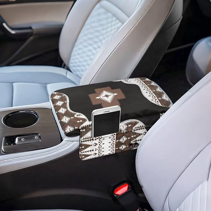 Wanyint Southwest Aztec Black Brown Car Center Console Cover Comfortable Armrest Storage Box Mat Anti-Scratch Middle Console Cover Protective Cover Universal Fit Most Vehicle, SUV, Truck