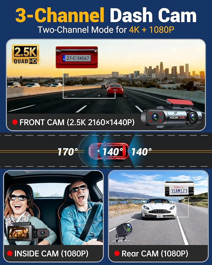 3 Channel Dash Cam with WiFi & GPS, Front and Rear/Inside, Voice Control 4K/2.5K+1080P+1080P Triple Dash Camera for Cars, 3" IPS Touch Screen, Free 32GB Card
