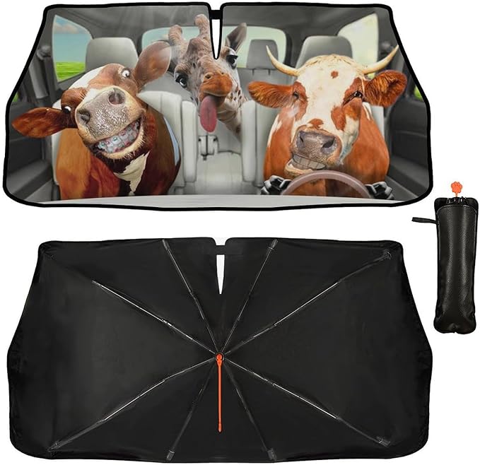 Fun Cow Driving Car Sunshade Umbrella Cow Print Windshield Sun Shade for Car Retractable Umbrella Sunshades for Front Window Fun Cows Driving Sun Shades Cover Visor Portector Block UV Rays