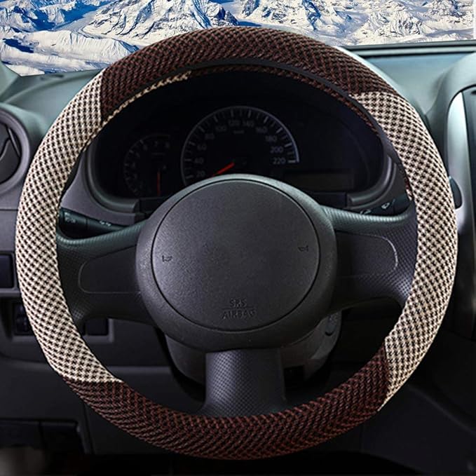 ZHOL Steering Wheel Cover Universal 15 inch Microfiber Breathable Ice Silk Steering Wheel Covers Anti-Slip Car Interior Accessories for Women Men, Warm in Winter and Cool in Summer, Beige&Brown
