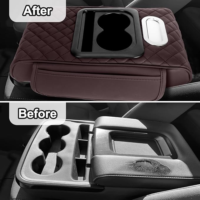 Car Armrest Cushion,5-in-1 Center Console Cover with 2 Storage Bags Cup Holder, Tissue Box Slot, Phone Slot for Sedans, Car Accessories Interior Organizers -Brown