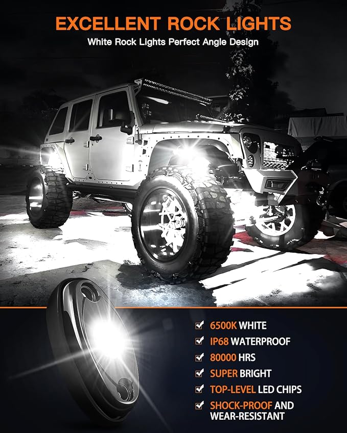White Rock Lights,LEDMIRCY R1 LED Rock Lights Kit with Toggle Switch Wiring Harness 16PCS Luces para Carro for Trucks ATV UTV Under Glow Light High Power IP68 Waterproof