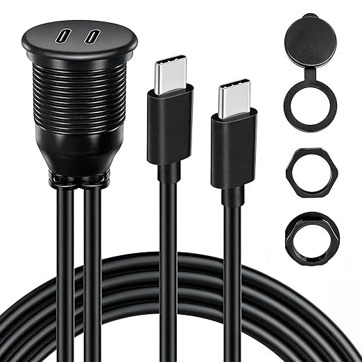 Dual Port USB C 2.0 Male to USB C 2.0 Female Extension Cable,Flush Mount Waterproof Panel Cable for Car,Truck,Boat,Motorcycle Dashboard 3.3ft