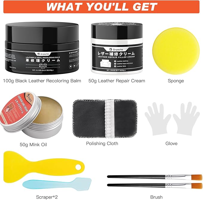 Leather Recoloring Balm Black, Mink Oil Leather Conditioner & Leather Filler Cream, Leather Repair Kit for Furniture,Vinyl Repair Kit Restore Couches, Car Seats, Purse, Scratch, Peeling, Burn Holes