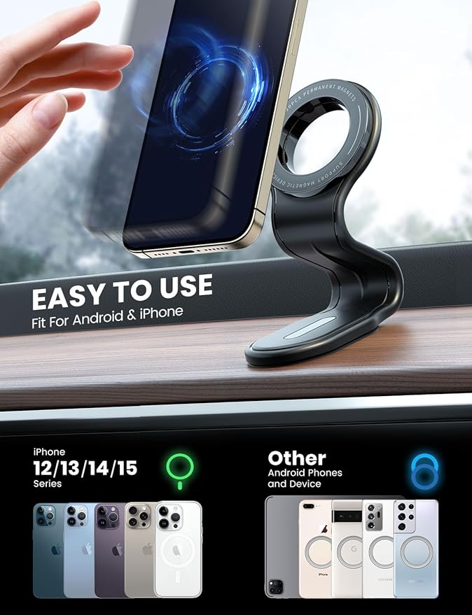 eSamcore for MagSafe Car Mount Detachable, Bendable Aluminum Arm Magnetic Phone Holder for Car【20 Strong Magnets】 Cell Phone Mount for Car Dash Fit iPhone 17 16 15 14 Pro Max Mini Mag Safe Accessories