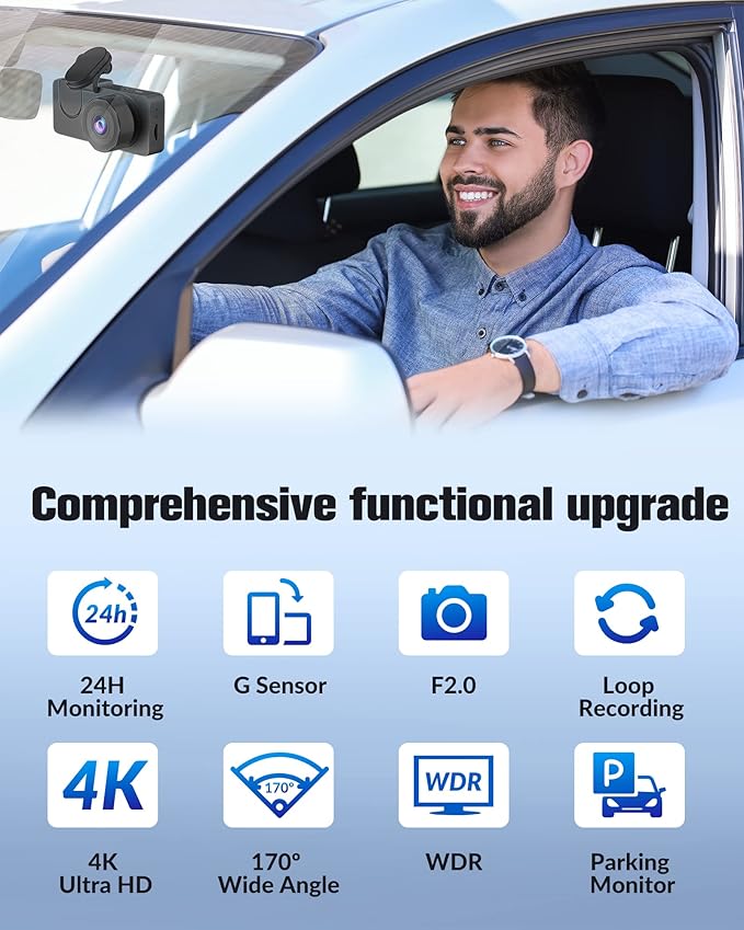 Dash Cam Front Rear,4K/2.5K Full HD Dash Camera for Cars,Dash Cam with Free 32GB SD Card,Built-in Super Night Vision,170°Wide Angle,WDR, Loop Recording,24H Parking Mode.