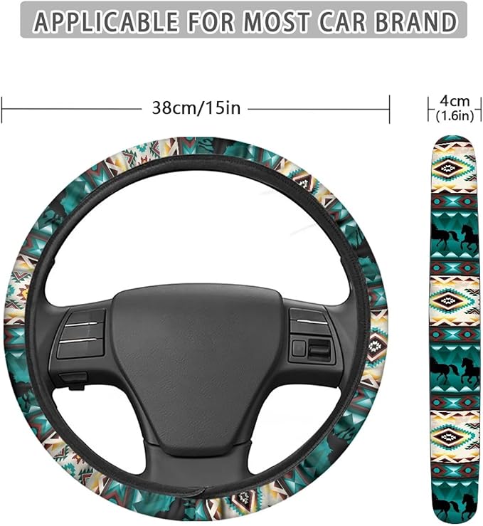 SEANATIVE Universal 15 inch Auto Car Steering Wheel Cover Aztec Tribal Horse Neoprene Car Steering Wheel Protector Cover fit Most Van Truck SUV