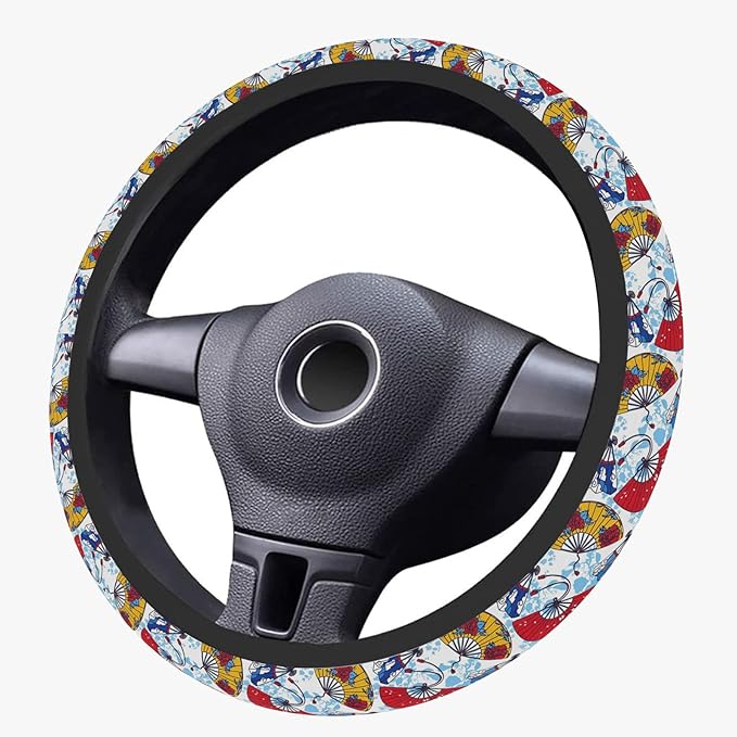 Yellow and Red Fan Steering Wheel Cover, Cute Print Steering Wheel Cover Protector, Ultra Thin Breathable Non-Slip, Car Accessories for Women, for Steering Wheel with a Diameter of 14.5"-15"