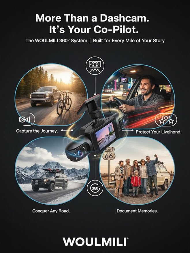 Full View Car Dashcam Wireless System 360 Car DVR WiFi 4 Channel Dash Cam Video Recorder Camera for Cars, Front and Rear Inside with Infrared Lamps Night Vision (64G)
