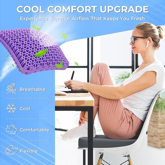 TushGuard Gel Seat Cushion for Long Sitting, Enlarged & Thickened Patent Design, Breathable Cooling for Office Chair, Soft Car Seat Cushion for Wheelchair (Standard, Grey)