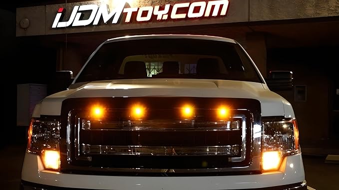 iJDMTOY 4pc Set Custom Retrofit Amber Yellow Front Grille Mesh Mount LED Lighting Kit Compatible With Trucks SUVs