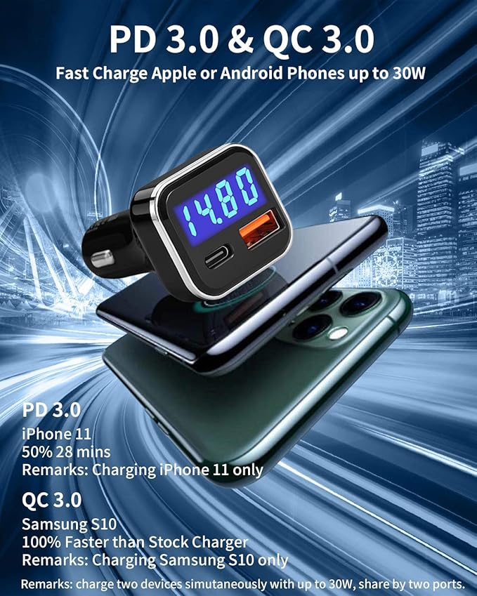 USB C Car Charger Adapter with Voltage Display, 30W Cigarette Lighter Type C Fast Charge Power Delivery & Quick Charge 3.0 (PD & QC), Volt Meter Battery Monitor, Compatible with iPhone Galaxy