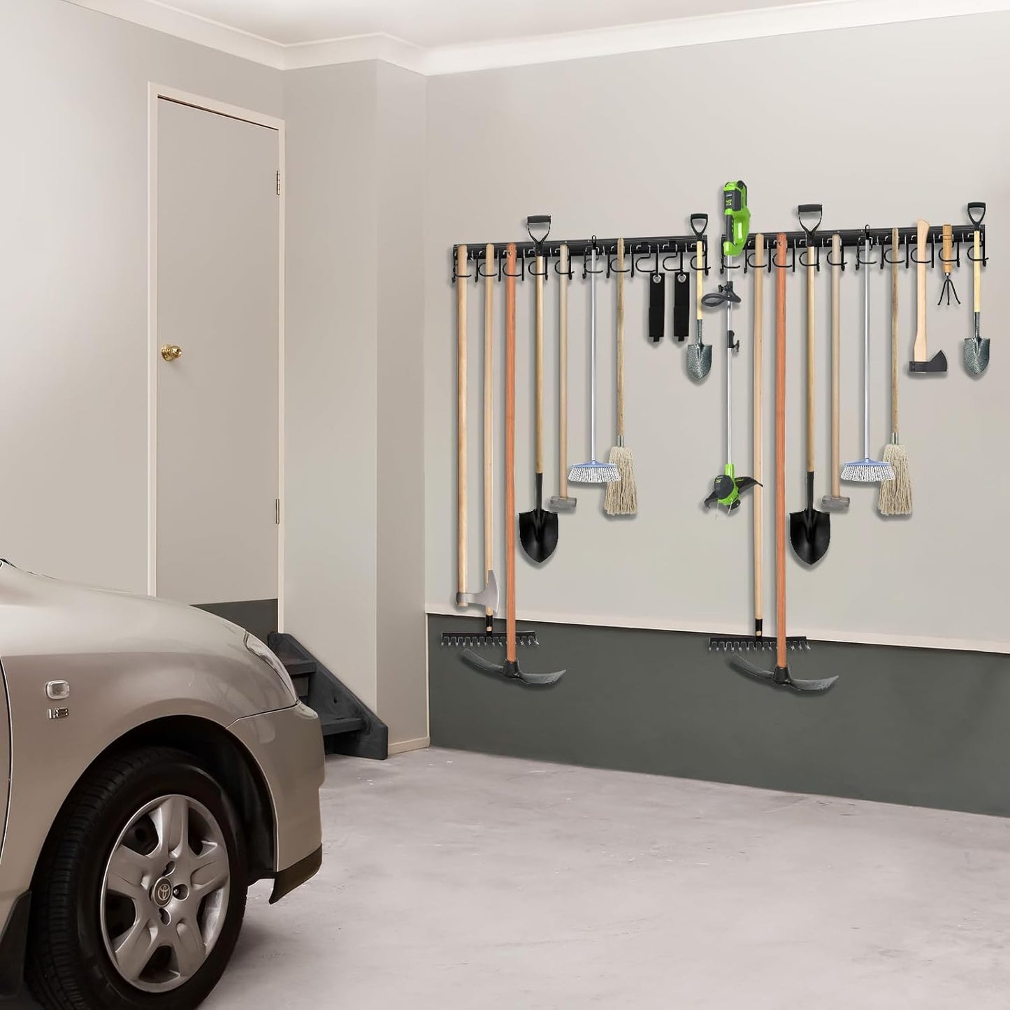 LEYU Metal Garage Tool Organizer Wall Mount, 4 Pack Garden Tool Organizer With Extension Cord Straps, Garage Organization Hooks and Hangers for Shed, Yard Storage, Wall Holder for Hanging Broom Mop