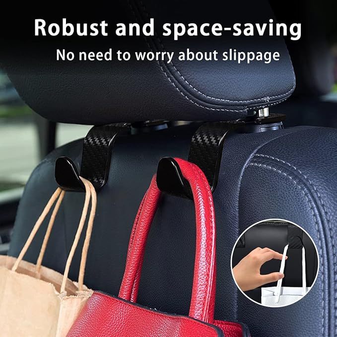 Ziciner Car Seat Headrest Hooks, 4 Pack Auto Durable Backseat Hangers Storage Organizer, Universal Car Interior Accessories for Purse, Grocery Bags, Handbag (Black Carbon Fiber)
