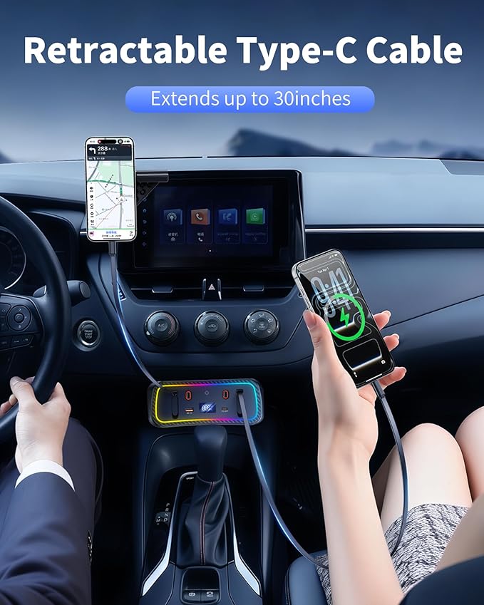 Car Charger Usb Hub with RGB Light for 2026 2025 2024 2023 2022 2021 2020 Toyota Corolla Accessories, 4-Port Docking Station with Retractable Cable, Phone Fast Charging Hub with Voltage Display