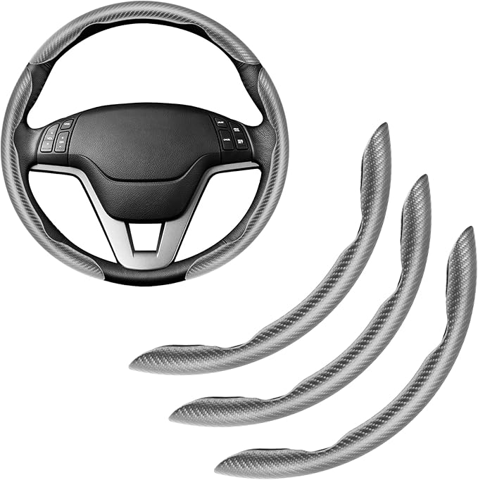 Amiss 3pcs Carbon Fiber Anti-Skid Steering Wheel Cover, Waterproof & Segmented Butterfly Design, Universal 99% Vehicle Wheel Cover Protector, Car Interior Accessories (Gray)
