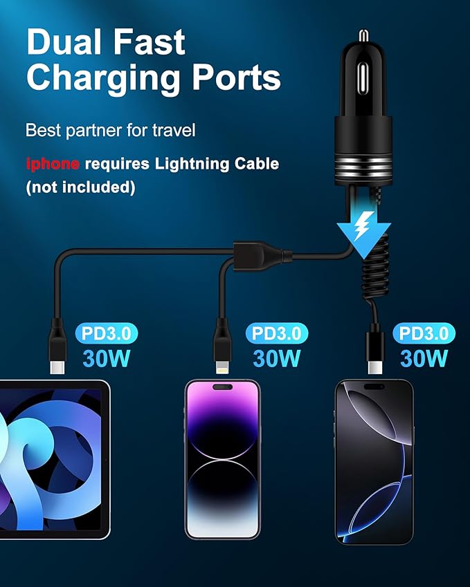 iPhone 16e 17e Car Charger USB C, 60W Dual PD Super Fast Charging Car Adapter with Coiled USB-C Cable for Apple 17/16 Pro Max/16 Pro/15 Plus/15Pro, iPad mini/Air/Pro 11 inch, Type C cargador para Car