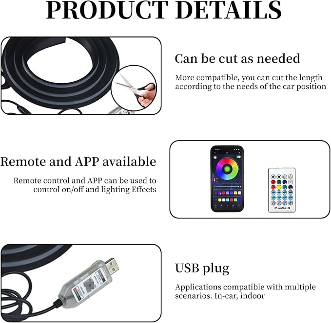Car Dashboard LED Interior Strip Light,55''USB Powered Acrylic Neon Flexible Strip Fiber Optic LED Ambent Lighting Kits with Remote APP and Type-C Adapter(1 in 1)