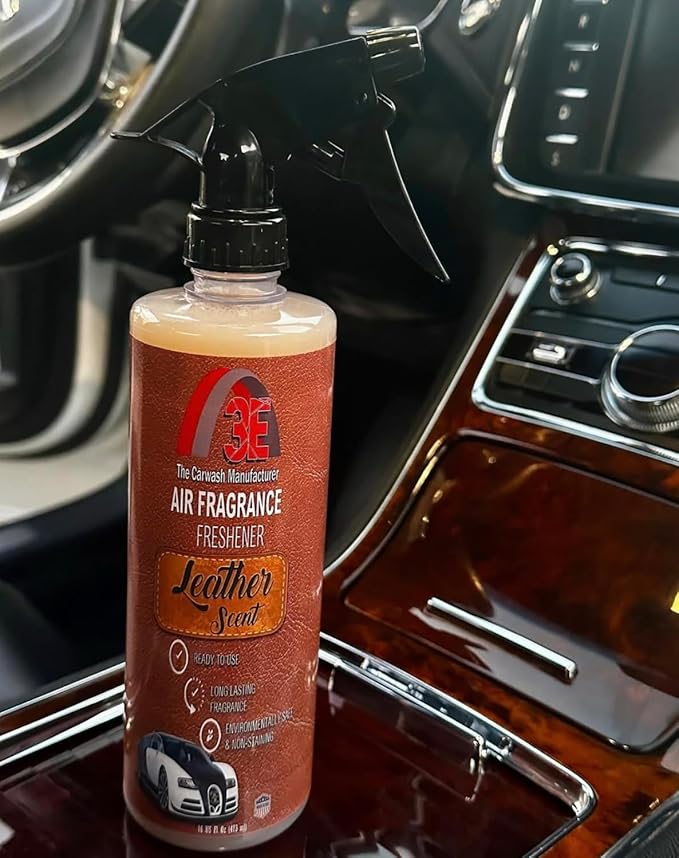 3E Car Air Freshener Premium Leather Scent 16 fl oz – Professional Automotive Air Freshener & Odor Eliminator, Long-Lasting Interior Fragrance for Cars, Trucks, SUVs, RV, Home & Office (LEATHER)