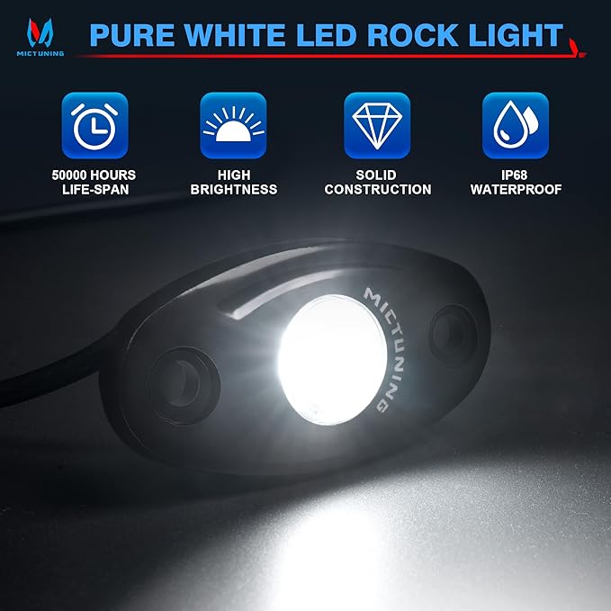MICTUNING 4 Pods Pure White Rock Lights Kit - IP68 Waterproof, with Wiring Harness - Ultimate Underglow for Car, Truck, ATV, UTV, SUV, Off-Road, Golf Cart & Boat