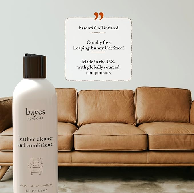 Bayes Premium High Performance Leather Upholstery Cleaner and Conditioner - 16 oz - Prevents Drying, Cracking or Fading of Leather Couches, Car Seats, Shoes, Purses
