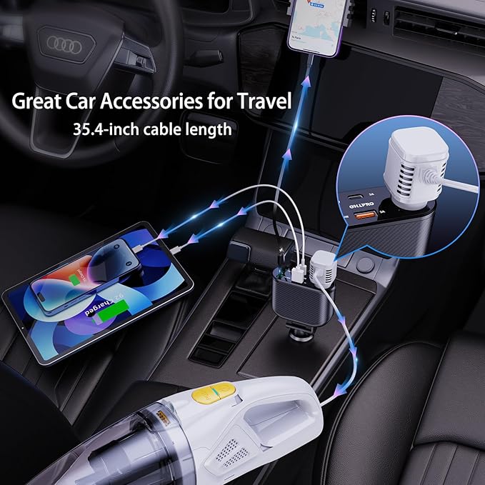 OHLPRO Retractable Car Charger Cigarette Lighter Adapter, 168W 5 in 1 Fast Phone Charging Built-in Replaceable Fuse, Socket Splitter with USB C and USB i Cord, Fit for Phone iPad Galaxy GPS, Black