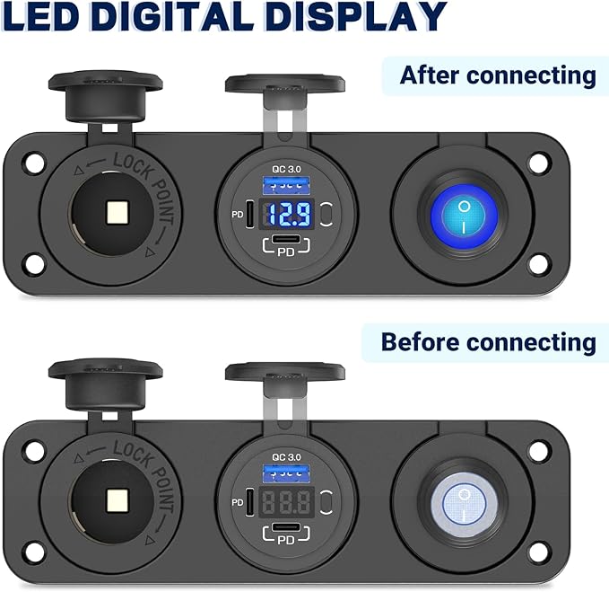 12V USB Panel Cigarette Lighter Socket with Rocker Switch: Qidoe Multiport 58W 12Volt USB Outlet with LED Voltmeter 150W Cigarette Lighter Splitter 12V Plug DC Outlet 3 in 1 Panel for Marine RV Truck
